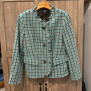 Talbots 10P Blazer Plaid Ruffle Wool Equestrian Jacket Elbow Patch